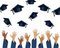 Graduation party banner with raised hands and graduation caps. Design for graduate diploma, awards. Education concept.