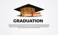 Graduation party ceremony with illustration of golden graduation caps and certificate