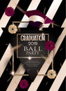 Graduation party invitation card with cofetti, gerbera flowers and golen frames.