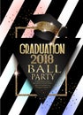 Graduation 2018 party invitation card with hat, golden frame and striped background.