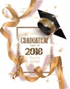 Graduation 2018 party invitation card with hat and long gold silk ribbon and confetti.