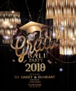 Graduation party 2018 invitation card with sparkling hanging lamps, confetti and garlands.