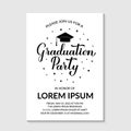 Graduation party invitation card template. Black and white grad party invite. Graduation celebration announcement