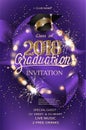 Graduation 2018 party invitation purple card with hat, bokeh frame with sparklers and silk ribbon.