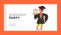 Graduation Party Landing Page Template. Armed With Their Degree, Graduate Kid Character Sets Out On A New Journey