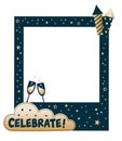 Graduation party photo booth props. Frame with firecracker and champagn. Photobooth vector element. Concept for selfie. Congrats Royalty Free Stock Photo