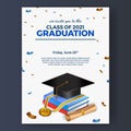 Graduation party poster invitation with 3d isometric book and graduation cap hat and medal with flying confetti Royalty Free Stock Photo