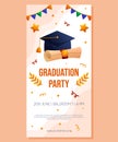 Graduation party vertical banner with garland, script and cap. Vector layout invitation template. Degree ceremony invite