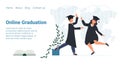 Graduation people online party,. Vector character graduate and students, university graduation.