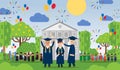 Graduation people vector illustration in front university building graduates different age in mantle, hat. Happy people