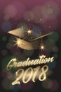 Graduation 2018 poster with hat or mortar board. Can be used for invitation, banner, greeting card, postcard. Royalty Free Stock Photo