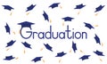 Graduation poster. Throwing dark blue mortarboard or square academic caps. Vector illustration