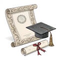 Graduation Scroll and Cap Ornate Sketch, Diploma, Ceremony, Education Graduation, Diploma Royalty Free Stock Photo