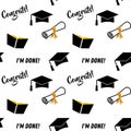 Graduation seamless pattern. Black and golden vector background for graduation party or ceremony invitation, greeting