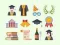 Graduation set. Laurel wreath and golden bells of success bachelors hat with tassel toga university building specialist