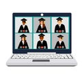 Graduation, square cap of the graduate, mantle. Laptop, video communication, men and women, dark skin color. vector