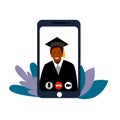 Graduation, square cap of the graduate, mantle. Phone, video link, male dark skin color. vector on a white background