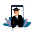 Graduation, square cap of the graduate, mantle. Phone, video link, a man holding a scroll. vector