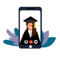 Graduation, square cap of the graduate, mantle. Phone, video link, woman. vector on a white background