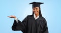 Graduation student, portrait and happy woman palm gesture for learning news, university info or college study. Studio Royalty Free Stock Photo