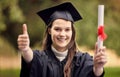 Graduation, thumbs up and portrait of woman at university for education, diploma or success ceremony. Student, hand