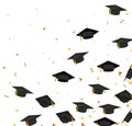 Graduation. Transparent background with realistic flying black degree caps confetti balloons and diplomas. Vector image school and