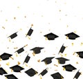 Graduation. Transparent background with realistic flying black degree caps confetti balloons and diplomas. Vector image school and