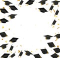 Graduation. Transparent background with realistic flying black degree caps confetti balloons and diplomas. Vector image school and