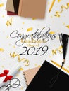 Graduation vector banner. Background Congrats graduates with objects viewed from above hat with degree paper, books, notebook and