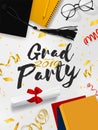 Graduation vector banner. Background Congrats graduates with objects viewed from above hat with degree paper, books