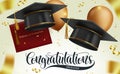 Graduation vector concept design. Congratulations graduates text in mortarboard cap, balloons and diploma holder background. Royalty Free Stock Photo