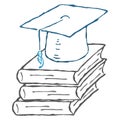 Square academic hat with a tassel on a stack of books. Graduation. Vector illustration. Simple hand drawing icon Royalty Free Stock Photo