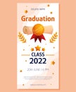 Graduation vertical banner with script, red ribbon and golden medal. Vector layout invitation template. Degree ceremony