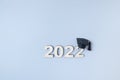 Graduation 2022 wearing graduate hat on wooden number 2022 on grey background with copy space