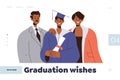 Graduation wishes landing page design template with happy parent and student family portrait