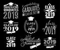 Graduation wishes monochrome overlays, lettering labels design set. Retro graduate class of 2019 badges. Hand drawn