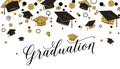 Graduation word with graduate cap, black and gold color, glitter dots on a white Royalty Free Stock Photo