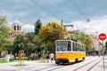 Graf Ignatiev street, Church of Sveti Sedmochislenitsi and old tram in Sofia, Bulgaria