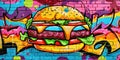 Graffiti Art of a Burger on Vibrant Wall. Generative ai. Royalty Free Stock Photo