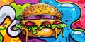 Graffiti Art of a Burger on Vibrant Wall. Generative ai. Royalty Free Stock Photo