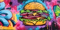 Graffiti Art of a Burger on Vibrant Wall. Generative ai. Royalty Free Stock Photo