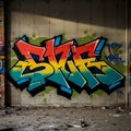 Graffiti art on a concrete wall features bold, angular lettering in vibrant colors, including Royalty Free Stock Photo