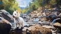 Graffiti Art: Happy Girl And Westie Exploring Stream With Labrador Terrier