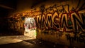 Graffiti art illuminates dark city life on abandoned building walls generated by AI