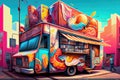 graffiti art piece incorporating the colorful and diverse elements of a city, such as buildings, food trucks, and people