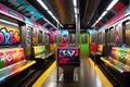 Graffiti Art Splashed Across a Subway Train, Vibrant Tags Intertwining with Skillful Murals, Encapsulating Urban Expression