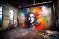 graffiti artist spray-painting abstract portrait in abandoned warehouse