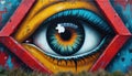 Graffiti artwork features a large, stylized eye with vibrant blue and orange iris, set against a textured red and yellow Royalty Free Stock Photo