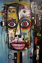 Graffiti artwork. Surrealistic painted image of human smiling with teeth face with huge and crazy eyes with colorful Royalty Free Stock Photo