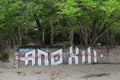 Graffiti on the beach in front of trees